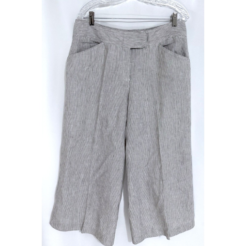 Max Edition Pants Womens 12 Crop Wide Leg 100% Linen Pockets Gray Striped